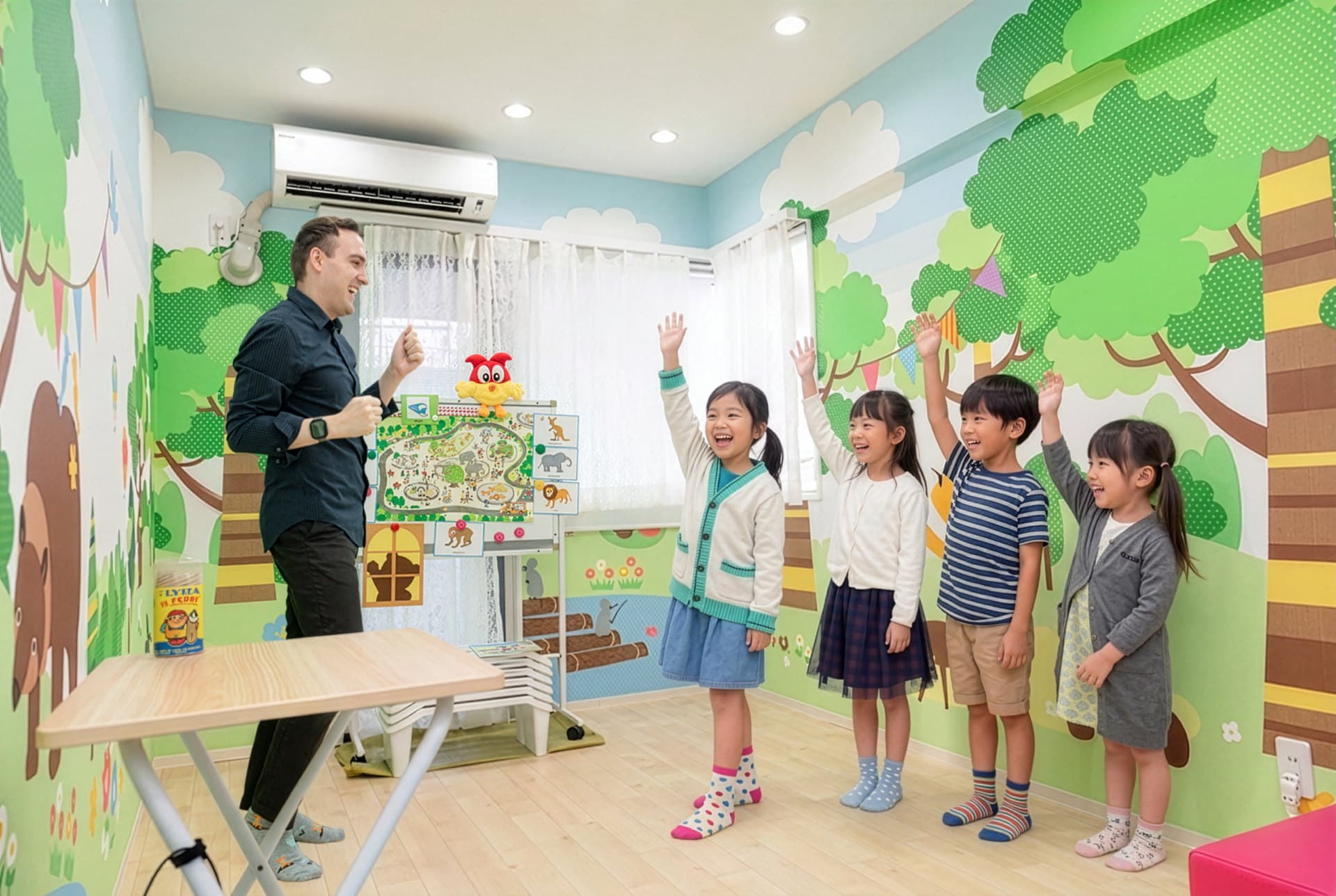 講師の問いかけに子どもたちが手を挙げるレッスンの様子